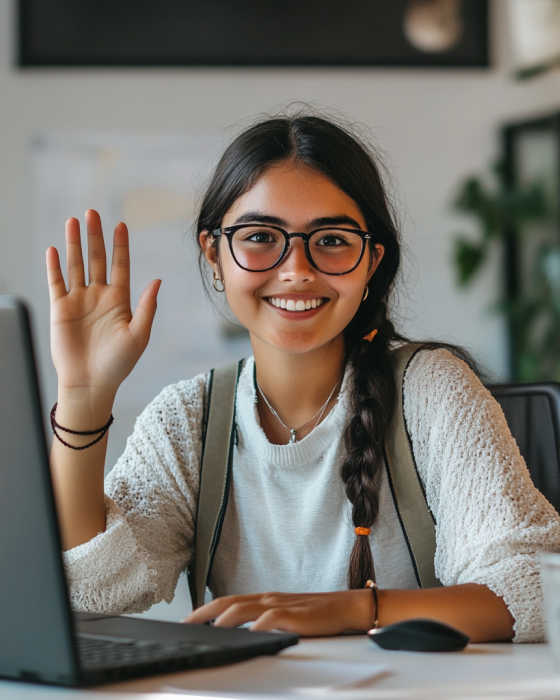 Student die naar de camera zwaait tijdens het volgen van online lessen met coLanguage